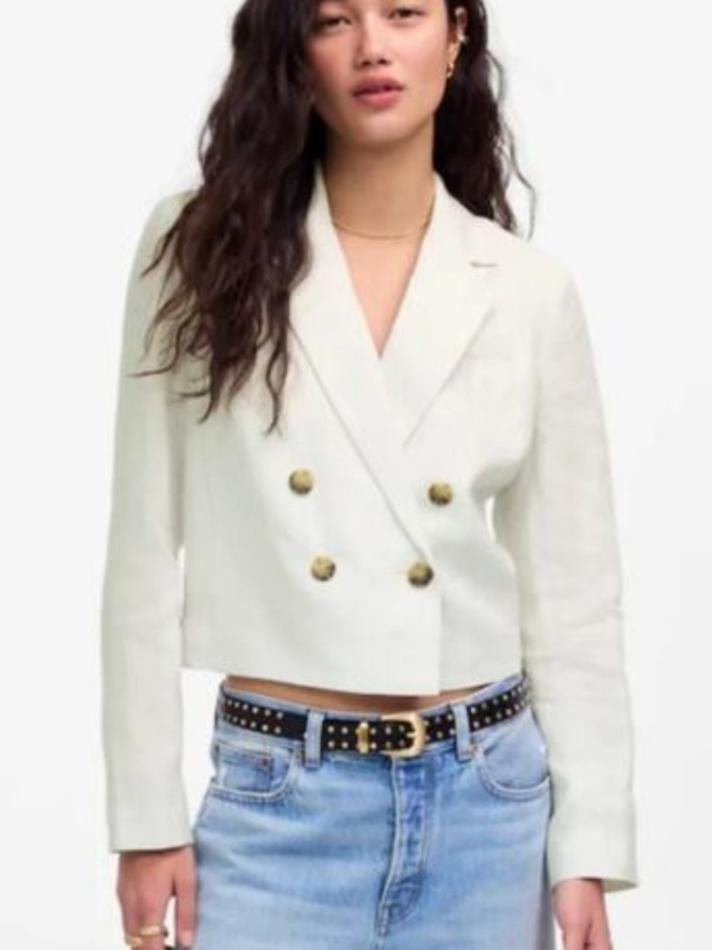 Madewell Cream Double-Breasted Cropped Blazer 100% Linen